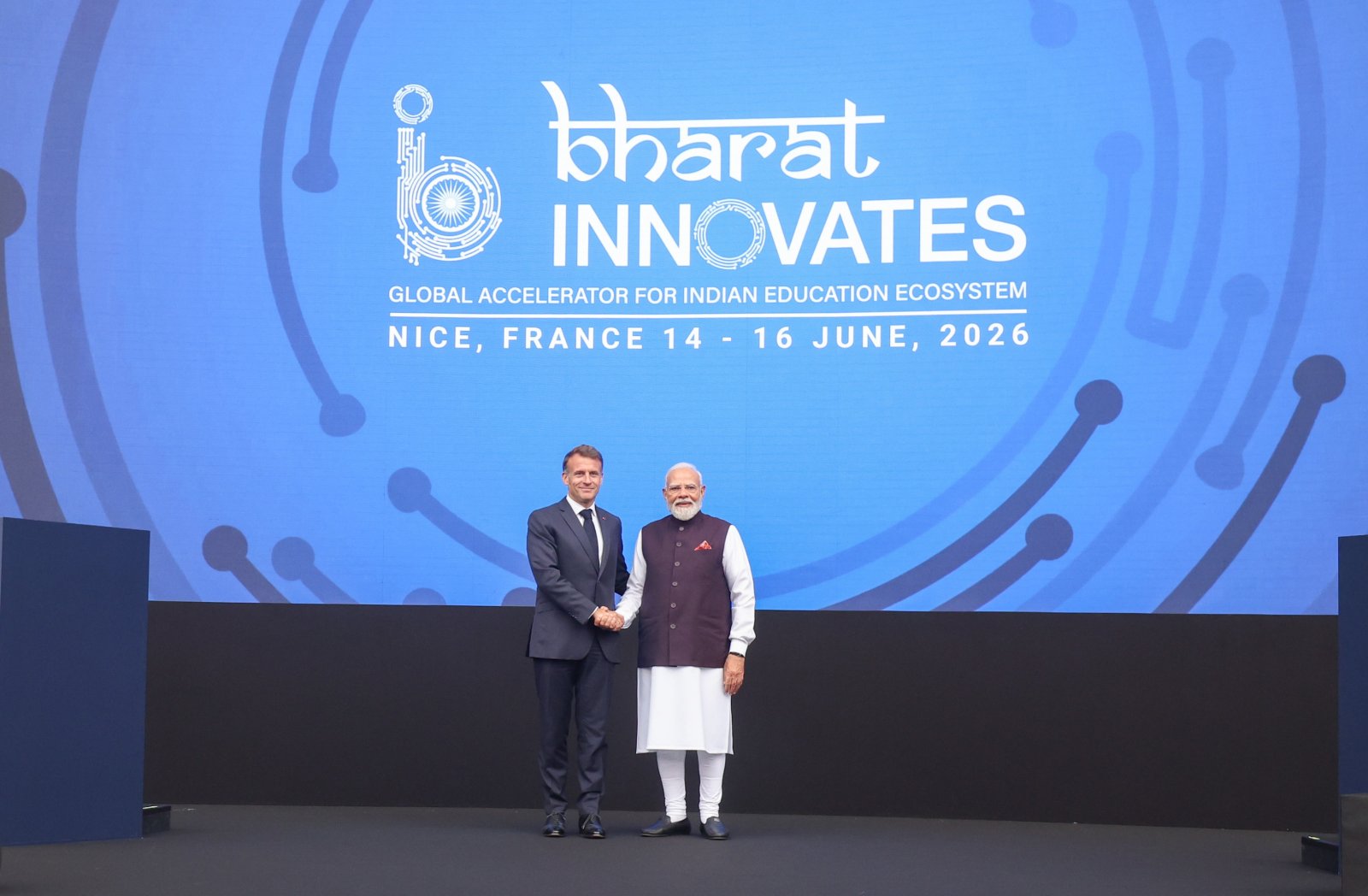 PM Narendra Modi and President Emmanuel Macron jointly inaugurated Bharat Innovates 2026 in Nice, June 14, 2026.