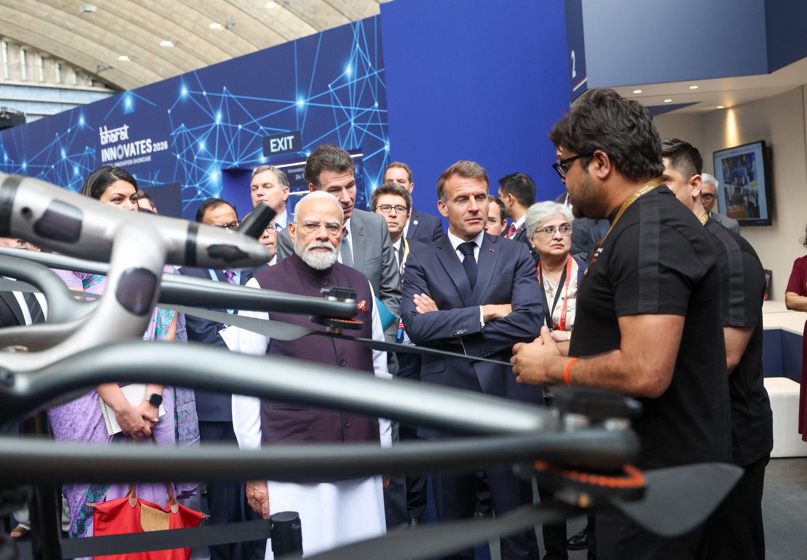 PM Narendra Modi and President Emmanuel Macron jointly walked through the exhibition area at Bharat Innovates 2026 on June 14, 2026.