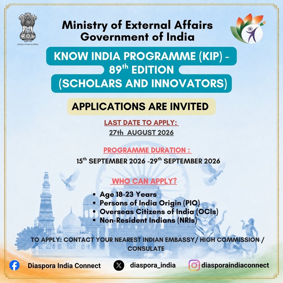 Persons of Indian Origin, Overseas Citizens of India and Non Resident Indians; to join the 89th edition of the Know India Programme (KIP) scheduled for September 15th - 29th, 2026 contact cons.marseille@mea.gov.in