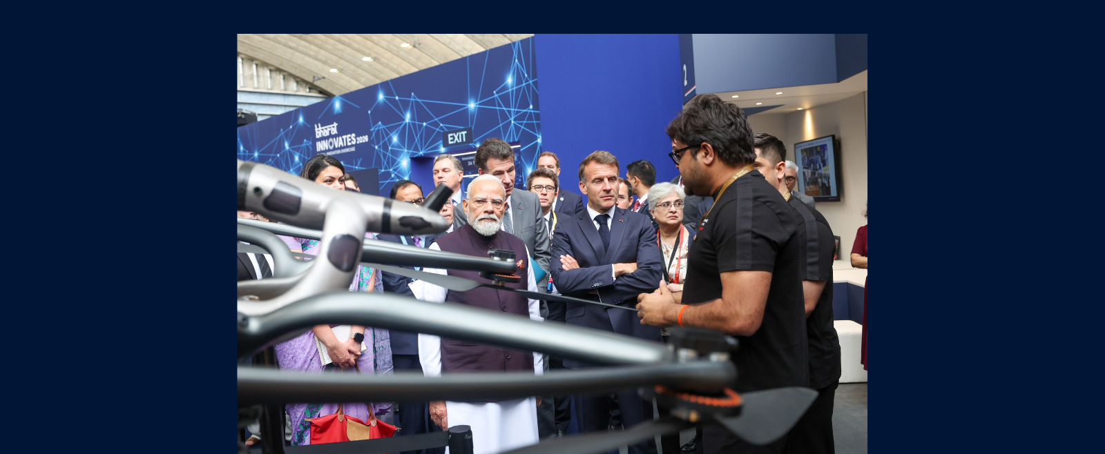 PM Narendra Modi and President Emmanuel Macron jointly walked through the exhibition area at Bharat Innovates 2026 on June 14, 2026.