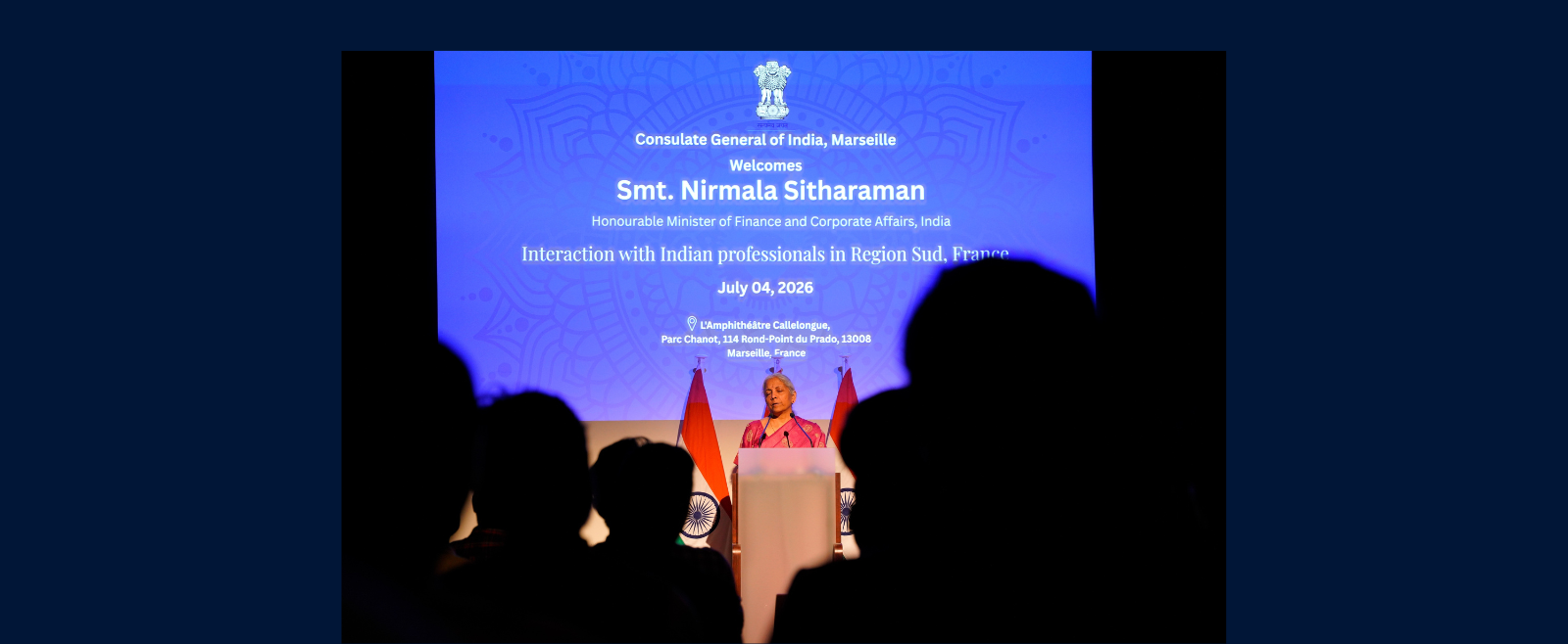 Union Minister for Finance and Corporate Affairs Smt. Nirmala Sitharaman delivered a keynote address and interacted with the Indian diaspora in Marseille, France on July 04, 2026.