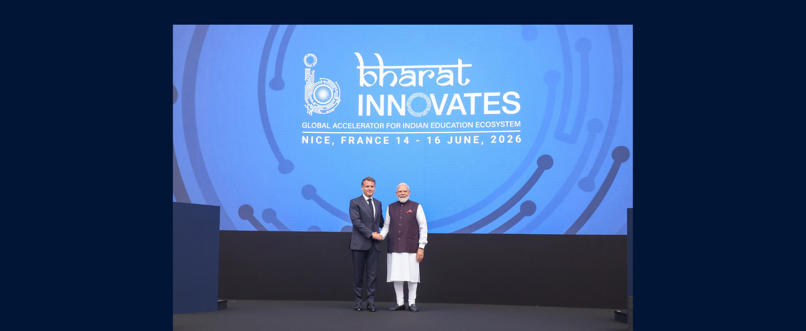 PM Narendra Modi and President Emmanuel Macron jointly inaugurated Bharat Innovates 2026 in Nice, June 14, 2026.