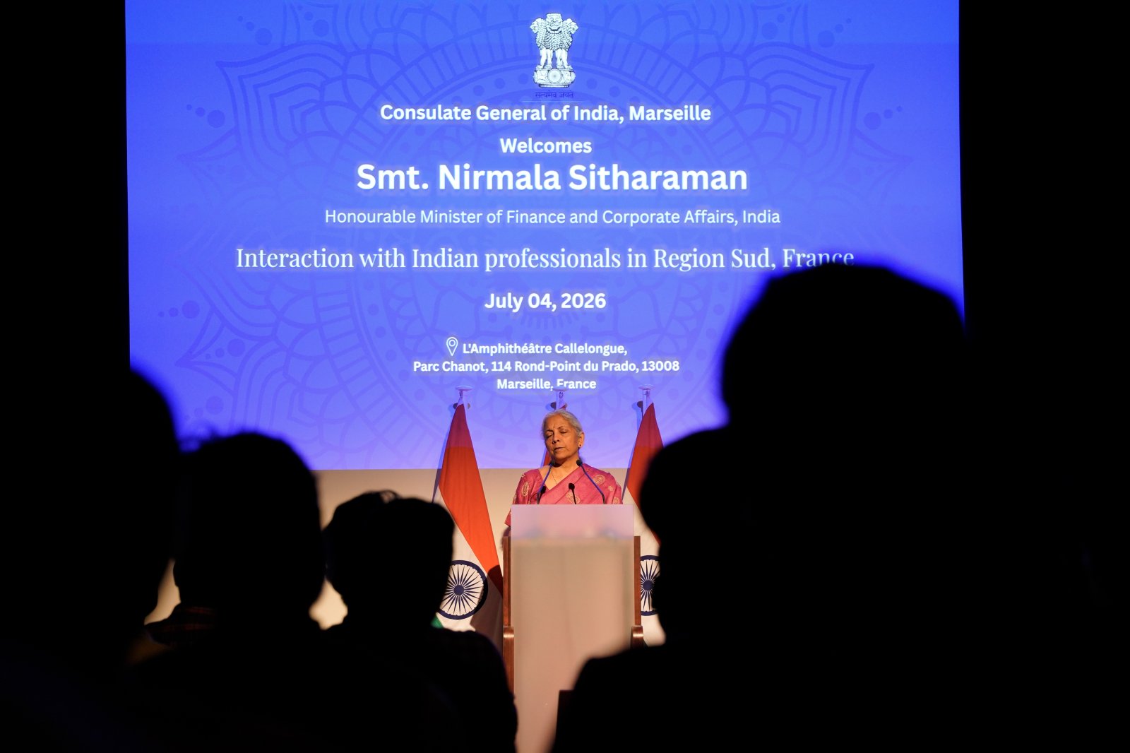 Union Minister for Finance and Corporate Affairs Smt. Nirmala Sitharaman delivered a keynote address and interacted with the Indian diaspora in Marseille, France on July 04, 2026.